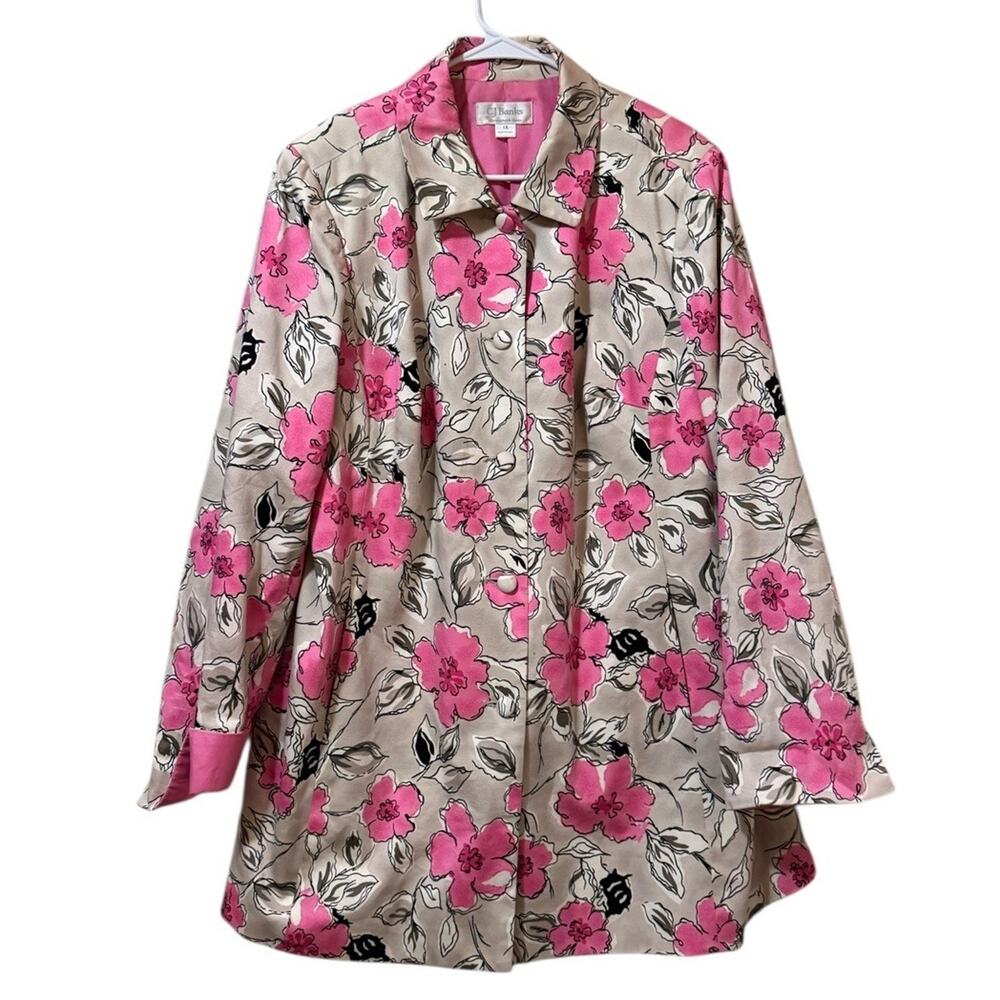 C.J. Banks Women Size 1X Pink Floral Button Down Jacket Stretch Spring Office
